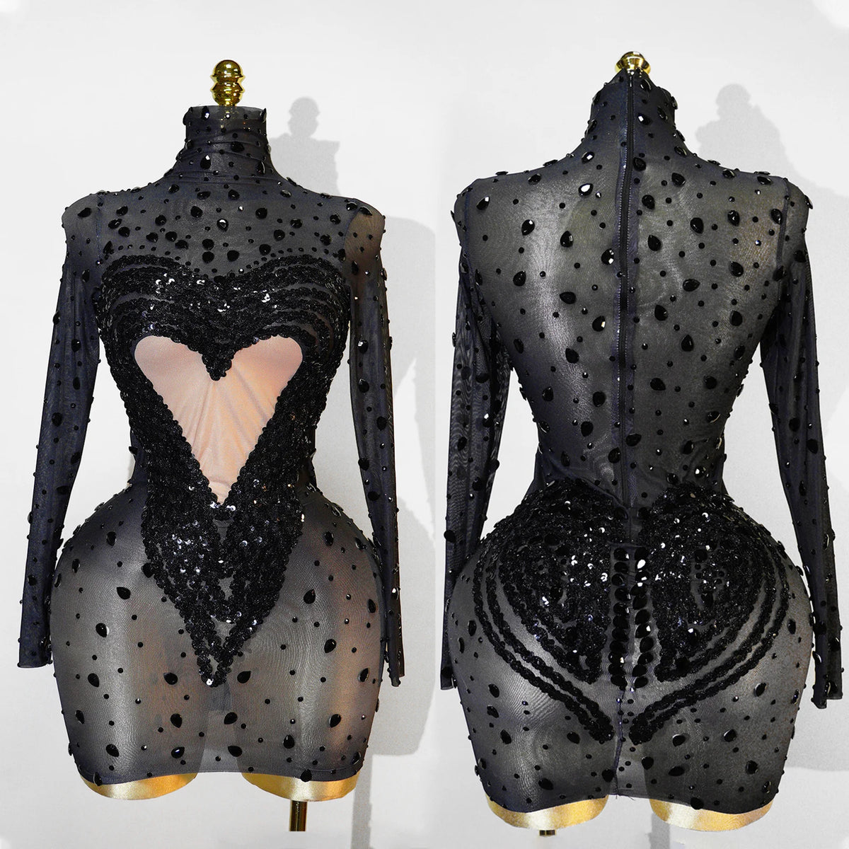Crystal Rhinestone Mesh Long Sleeve Vintage Inspired Dress with Sequins and Skirt