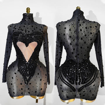 Crystal Rhinestone Mesh Long Sleeve Vintage Inspired Dress with Sequins and Skirt