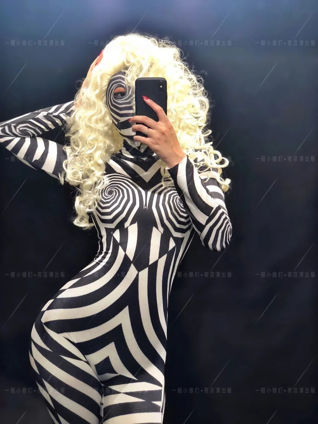 Zebra Stripe Catsuit & Oversized Wide-Brim Sun Hat Stage Performance Costume Set