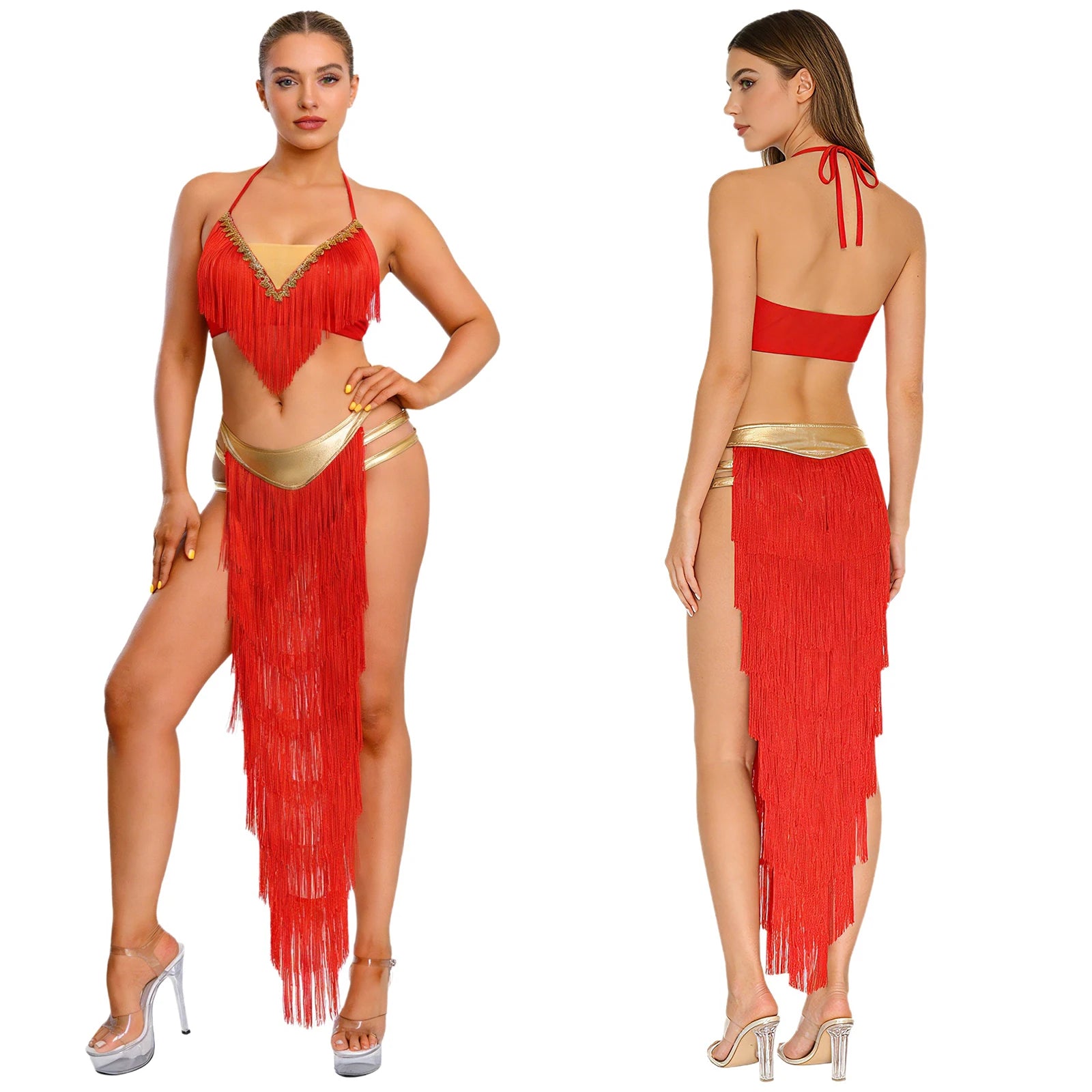 Gold Trim Halter Lace-Up Crop Top & Tiered Tassel Skirt Belly Dance Outfit