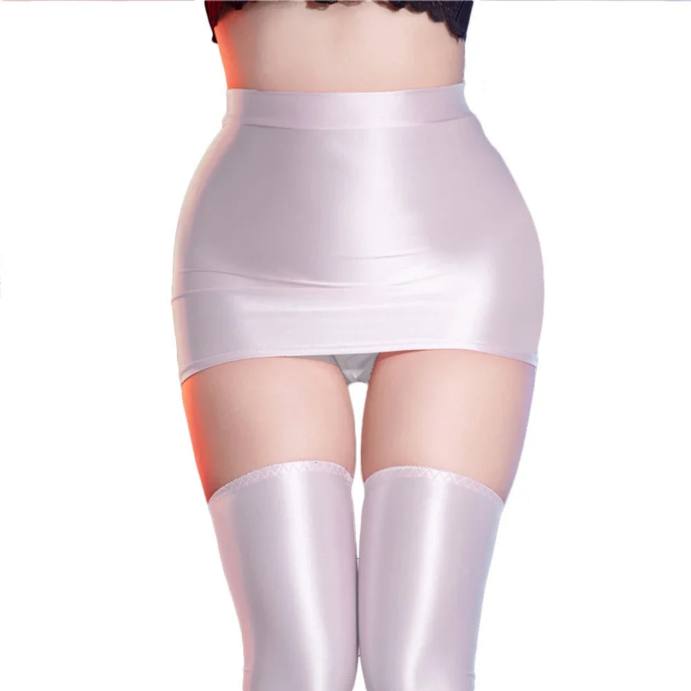 Women Oil Glossy Shiny Micro Mini Skirt Stain Smooth Tight Maid Pencil Skirt Elastic Packet Hip Sweet Girl Shaping Cute Skirt