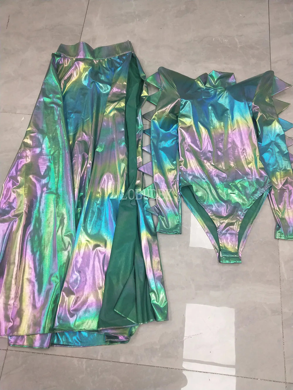Metallic Armor Bodysuit & Trailing Bustle Skirt 2-Piece Stage Performance Costume Set