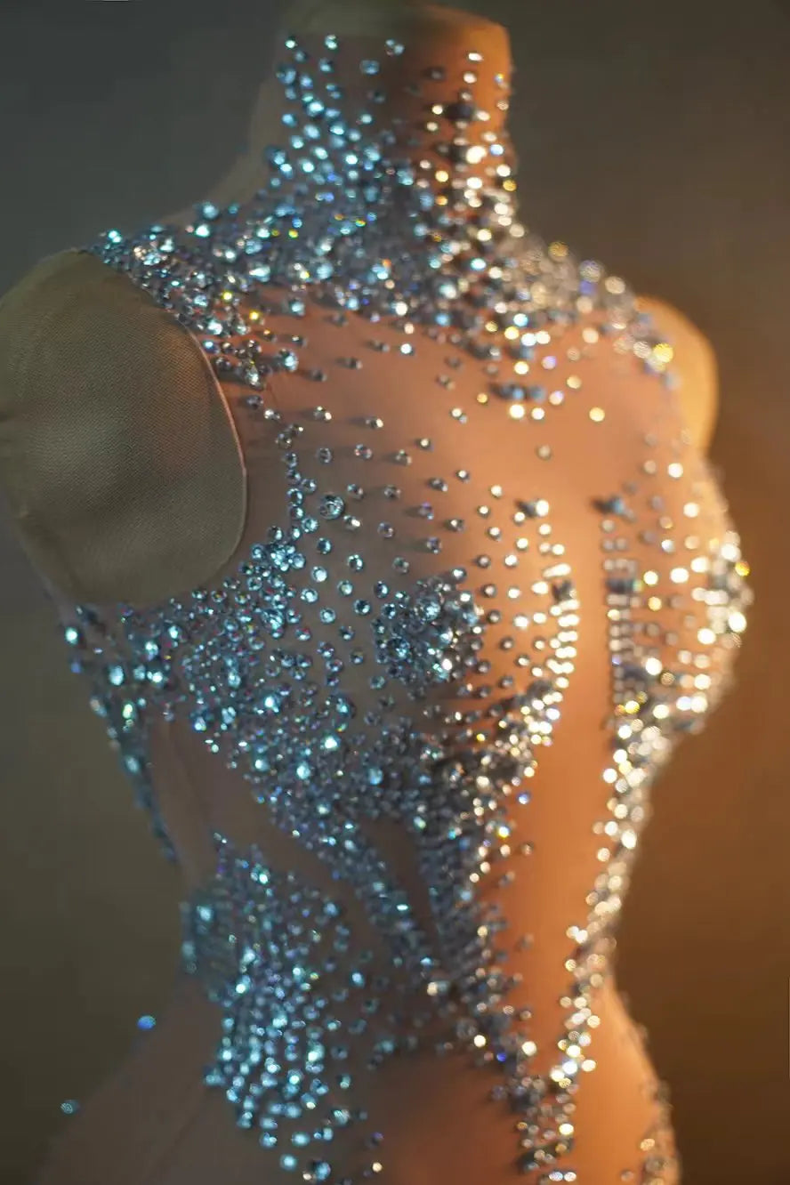 Crystal Mesh See-Through Pole Dance Leotard & Rhinestone Bodysuit Romper