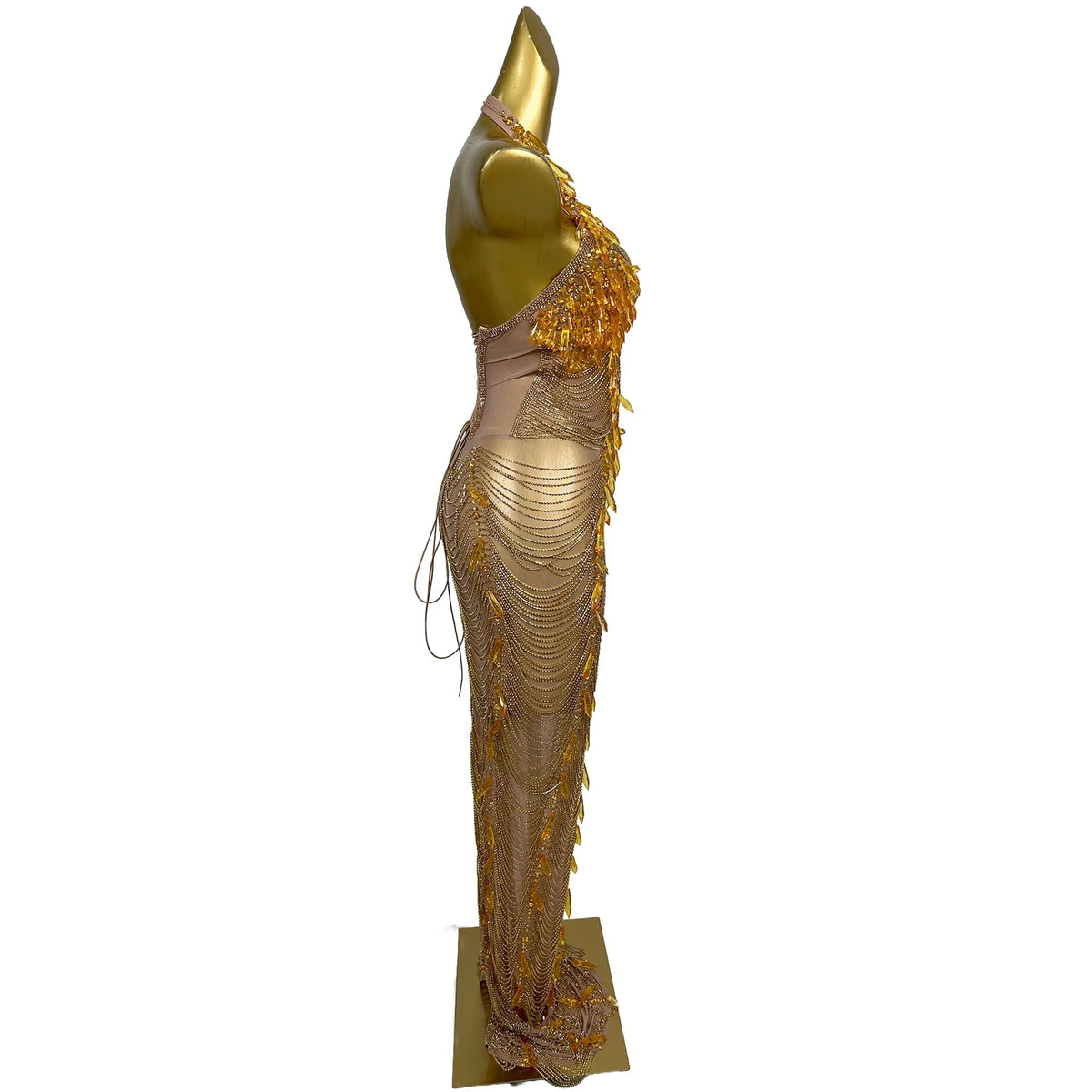Women's Gold Rhinestone Deep V-Neck Evening Gown | Sparkly Sheath Mesh Floor-Length Dress for Party & Dance