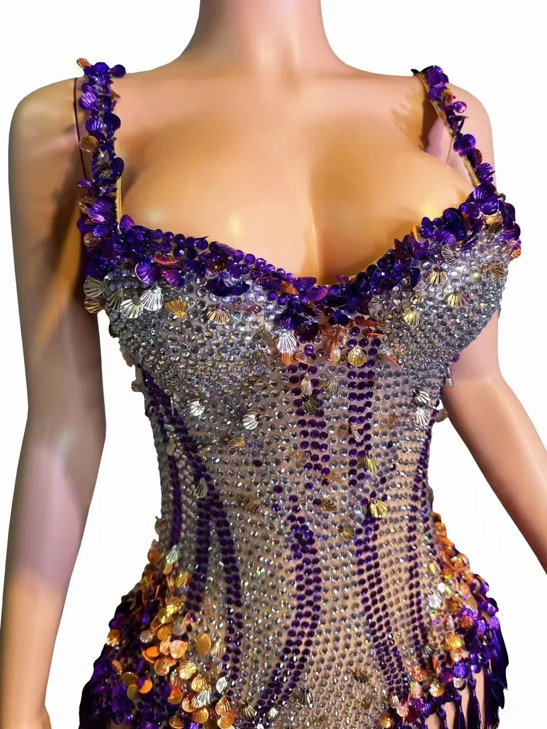 Sparkly Rhinestone & Tassel Fringe Bodysuit Stage Performance Costume