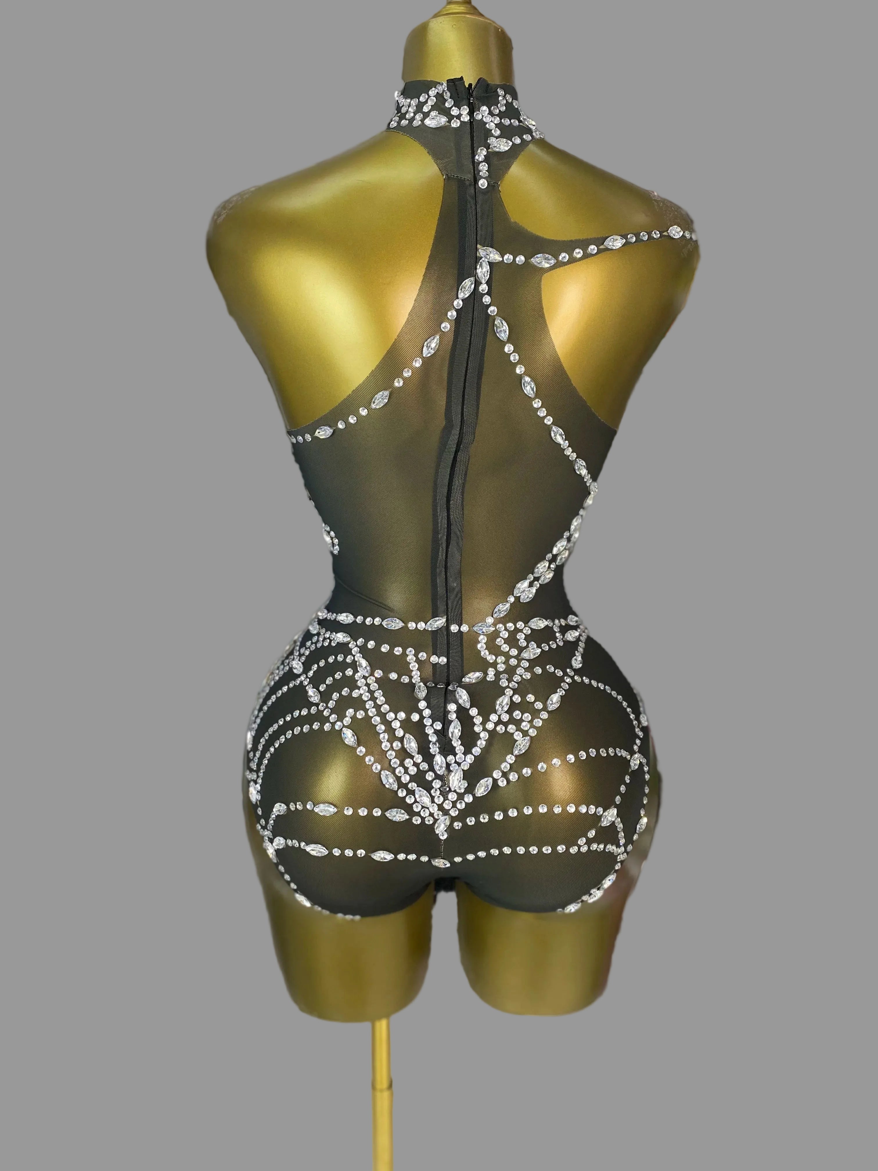 The Stardust Black Widow Bodysuit – Luxury Rhinestone Spiderweb Showgirl Costume