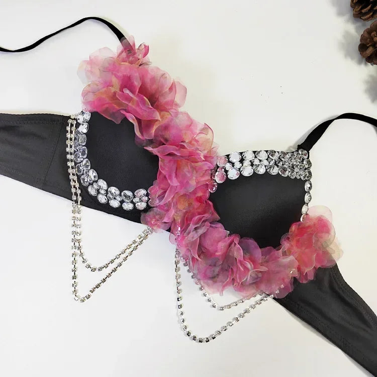 Floral Trim Rhinestone Corset Top Bustier Showgirl Stage Performance Camisole