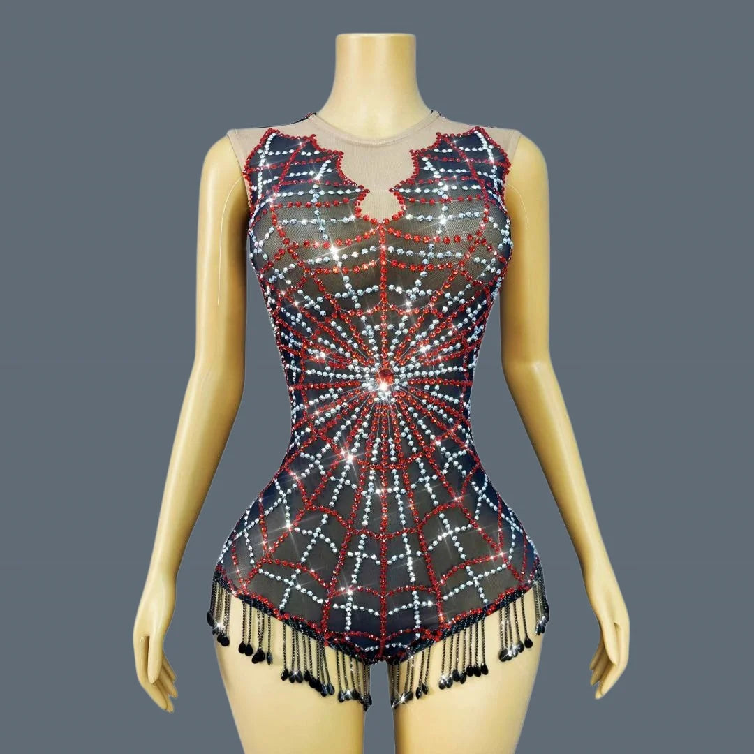 Sparkly Black Mesh Rhinestone Sheer Illusion Bodysuit Stage Performance Costume
