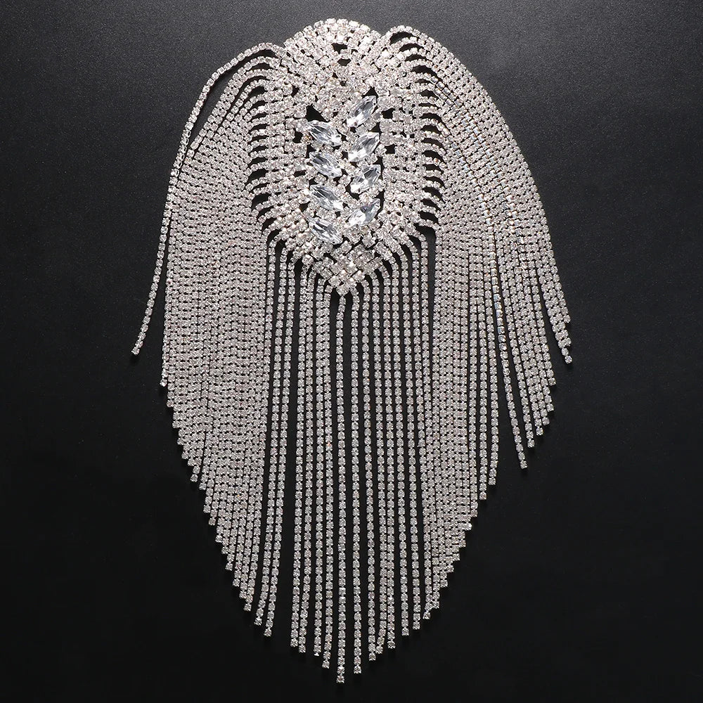 GLAMing Tassel Chain Rhinestone Shoulder Badge Brooch Women Clothes Decoration Crystal Epaulette Shoulder Pad Applique Jewelry