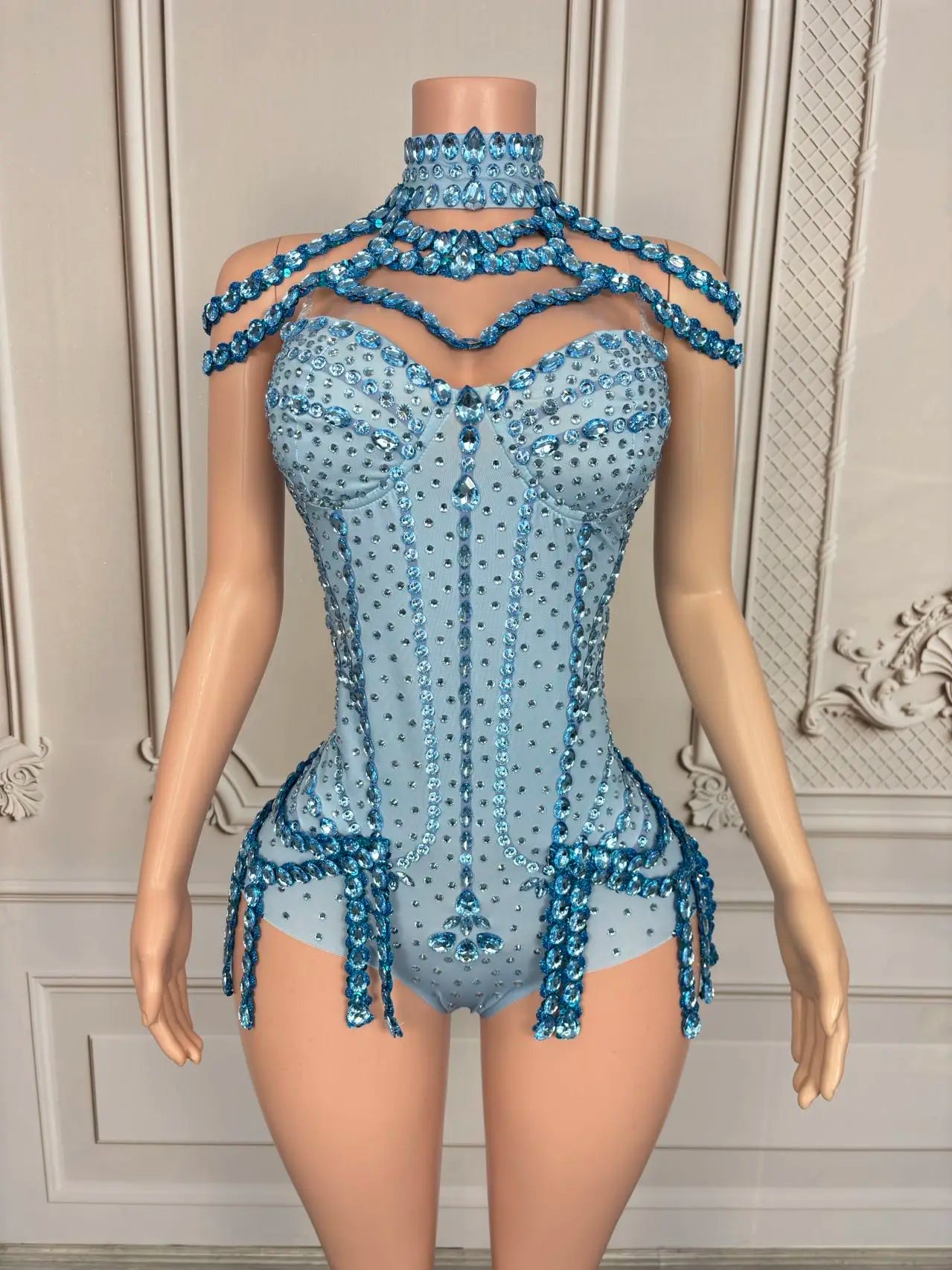 Sparkly Rhinestone Tassel Spandex Bodysuit Halter Dance Stage Costume Leotard
