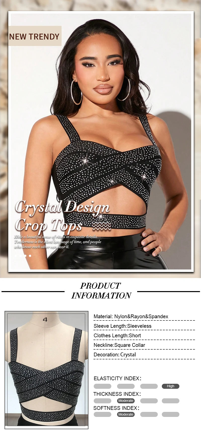 Black Crystal Strap Cutout Crop Top