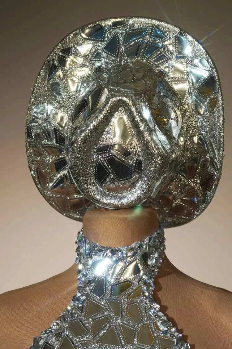 Silver Mirror Asymmetrical Bodysuit, Sculpted Captain Hat & Puffer Bolero Coat 3-Piece Stage Costume Set