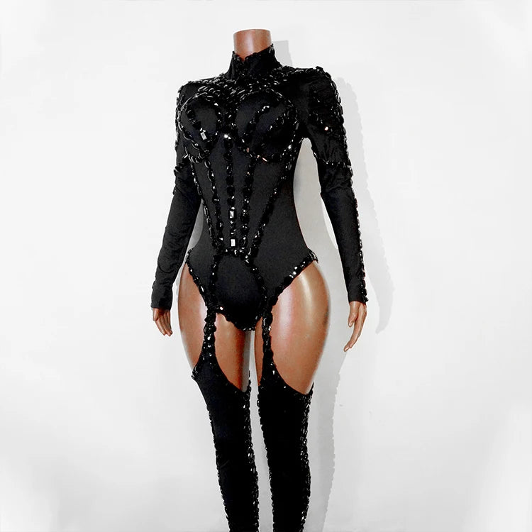 Rhinestone Mesh Jumpsuit Costume Set