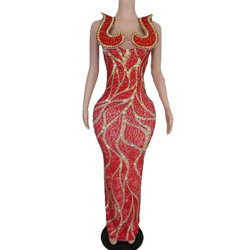 Women's Crystal Diamond Slit Sheath Dress | Luxury Stage & Singer Performance Gown in Black & Red