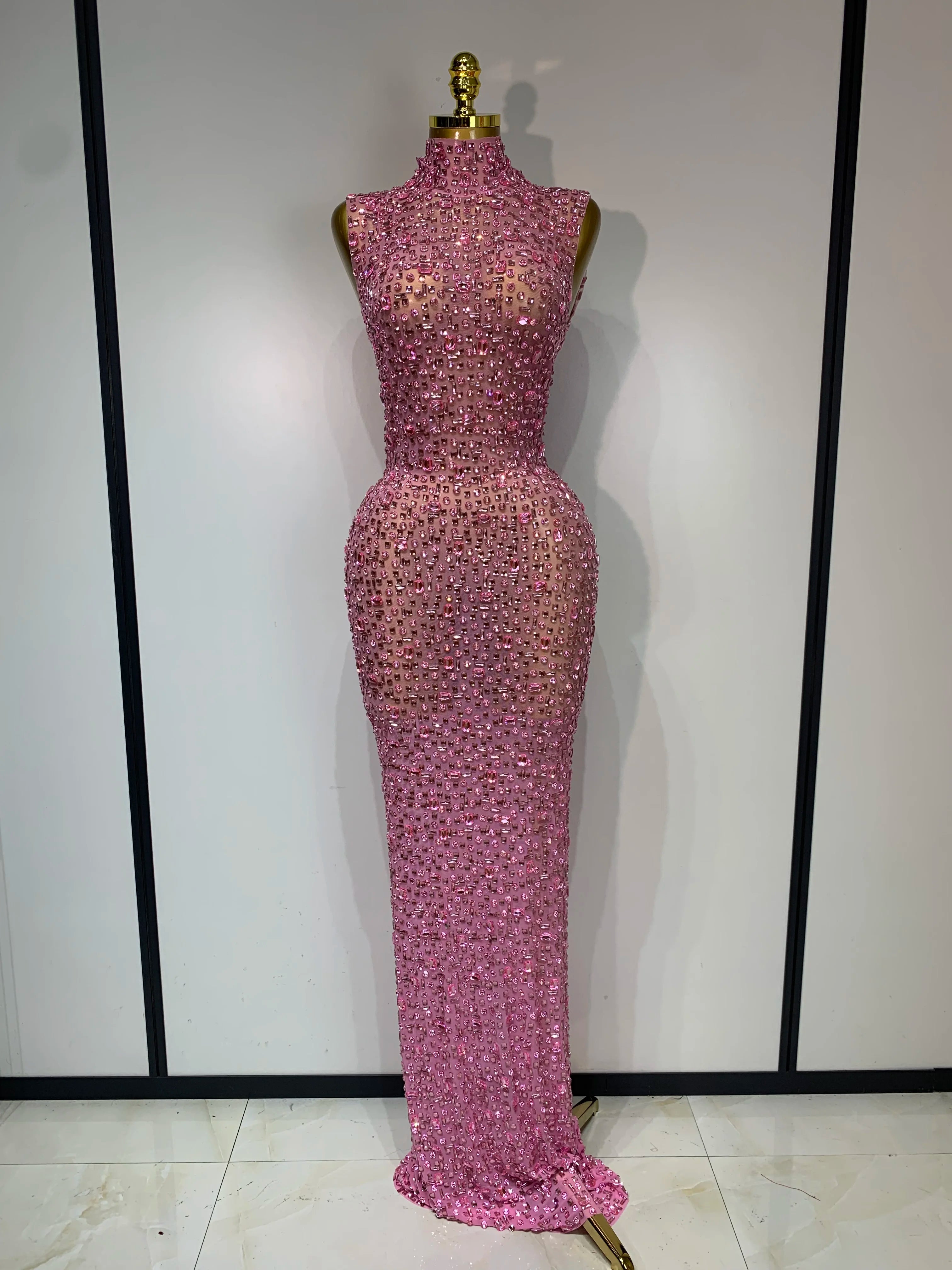 Sparkly Rhinestone Sleeveless Maxi Long Dress See-Through Sheer Mesh Stage Outfit