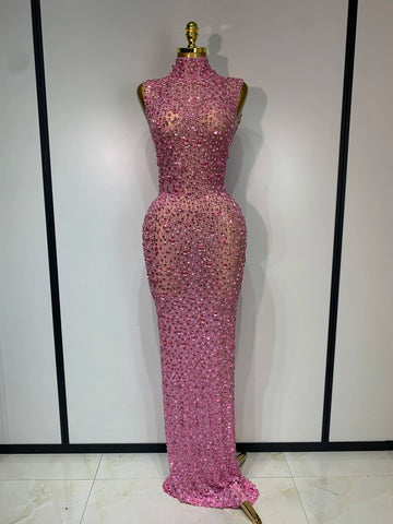 Sparkly Rhinestone Sleeveless Maxi Long Dress See-Through Sheer Mesh Stage Outfit
