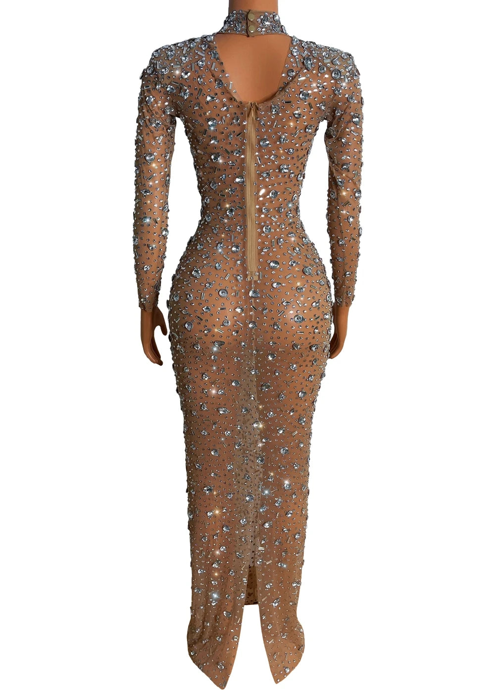 Sparkling Full Crystal Illusion Jumpsuit Long Sleeve Rhinestone Catsuit Stage Wear