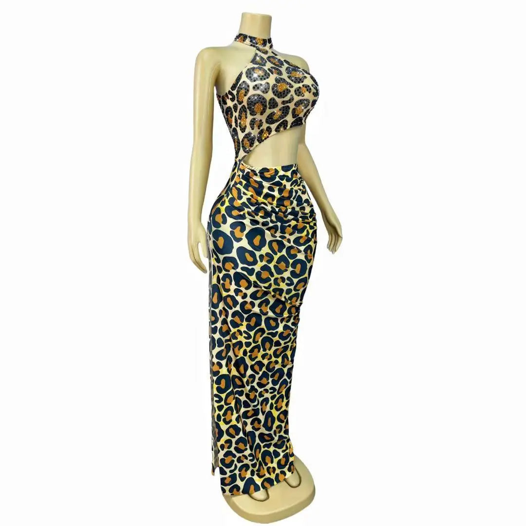 Leopard Print Rhinestones High Split Bodycon Dress Evening Party Stage Performance Outfit