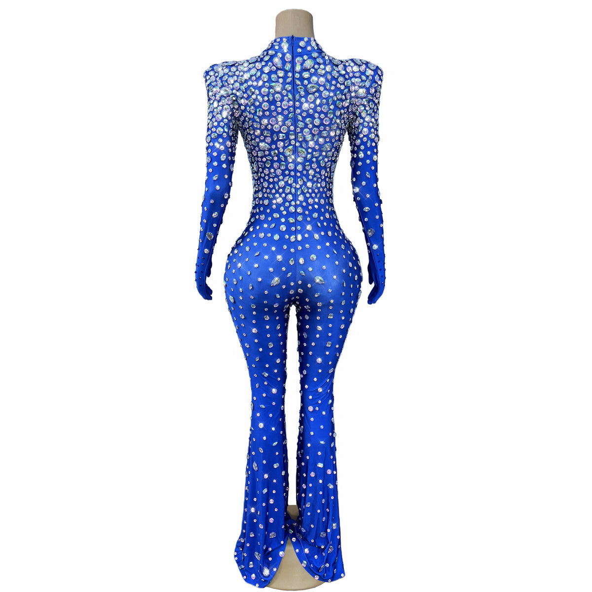 High Grade Sparkly Rhinestones Bell-Bottoms Jumpsuit Cocktail Party Fashion Show Singer Dancer Performance Costume