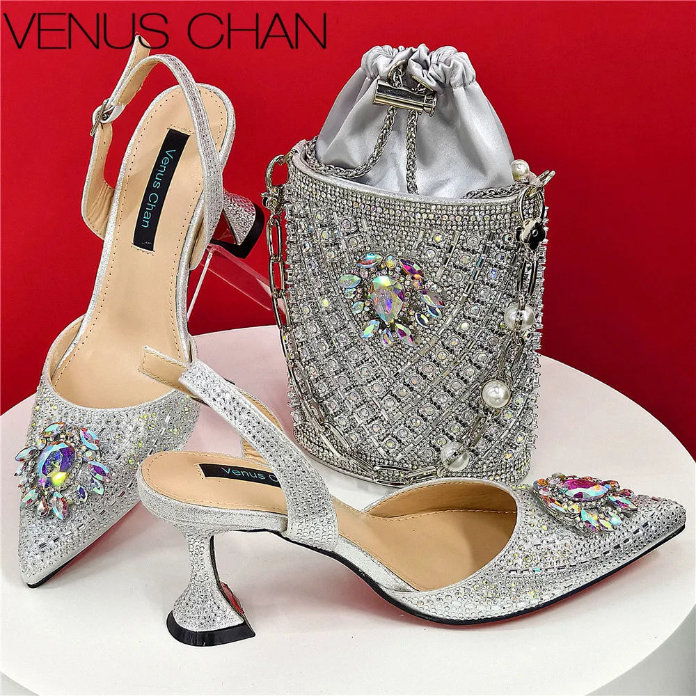 Shoes and Bag Set With Rhinestone Handbag