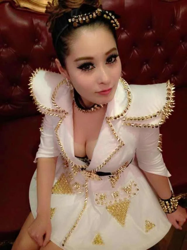 White Faux Leather Studded Stage Dress & Fluffy Skirt Pop Singer Costume Set