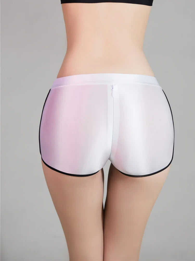 Sexy Women Zipper Open Crotch Yoga Elasitc Shorts Stain Smooth Oil Glossy Shiny Tight Casual See Through Beachwear Fitness Short