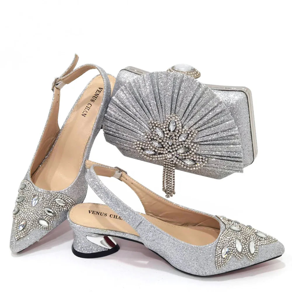 Women's Silver Mid Heels Frosted Crystal Shoes And Bag Set