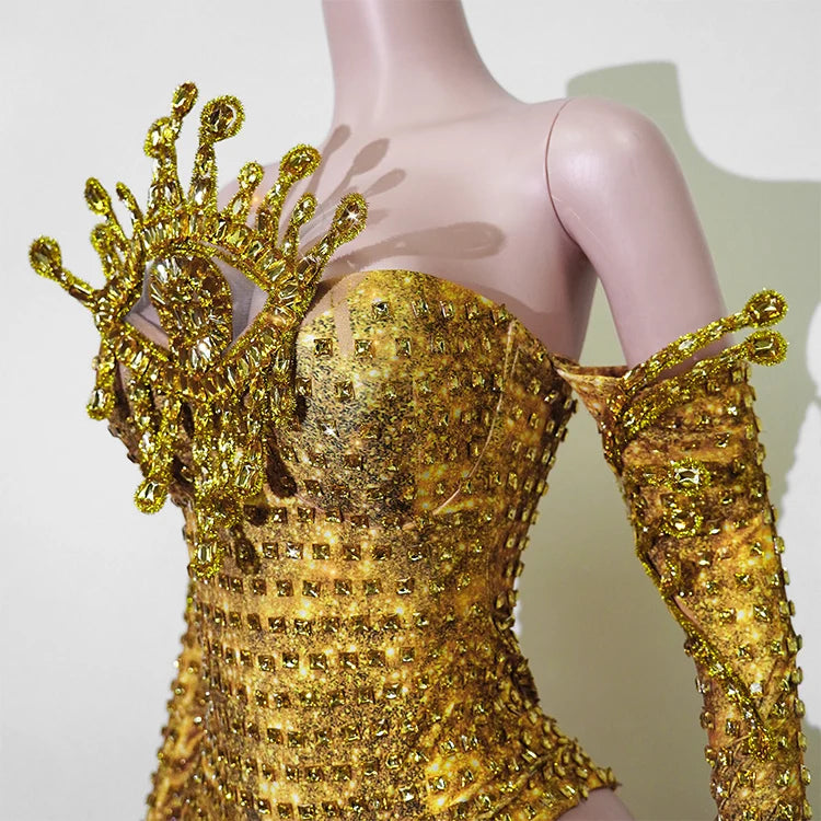 Sparkly Gold Rhinestone Bodysuit Sunburst Collar Spiked Glove Sleeves Costume