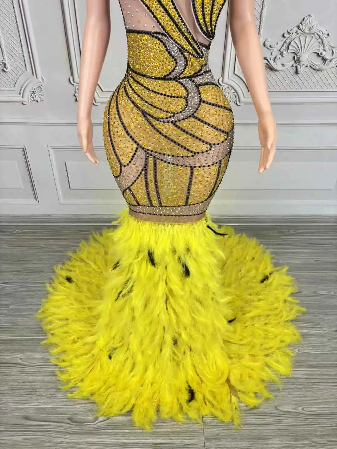 Women's Gold & Silver Crystal Mesh Feather Maxi Dress | Luxury Gown for Birthday, Prom & Stage