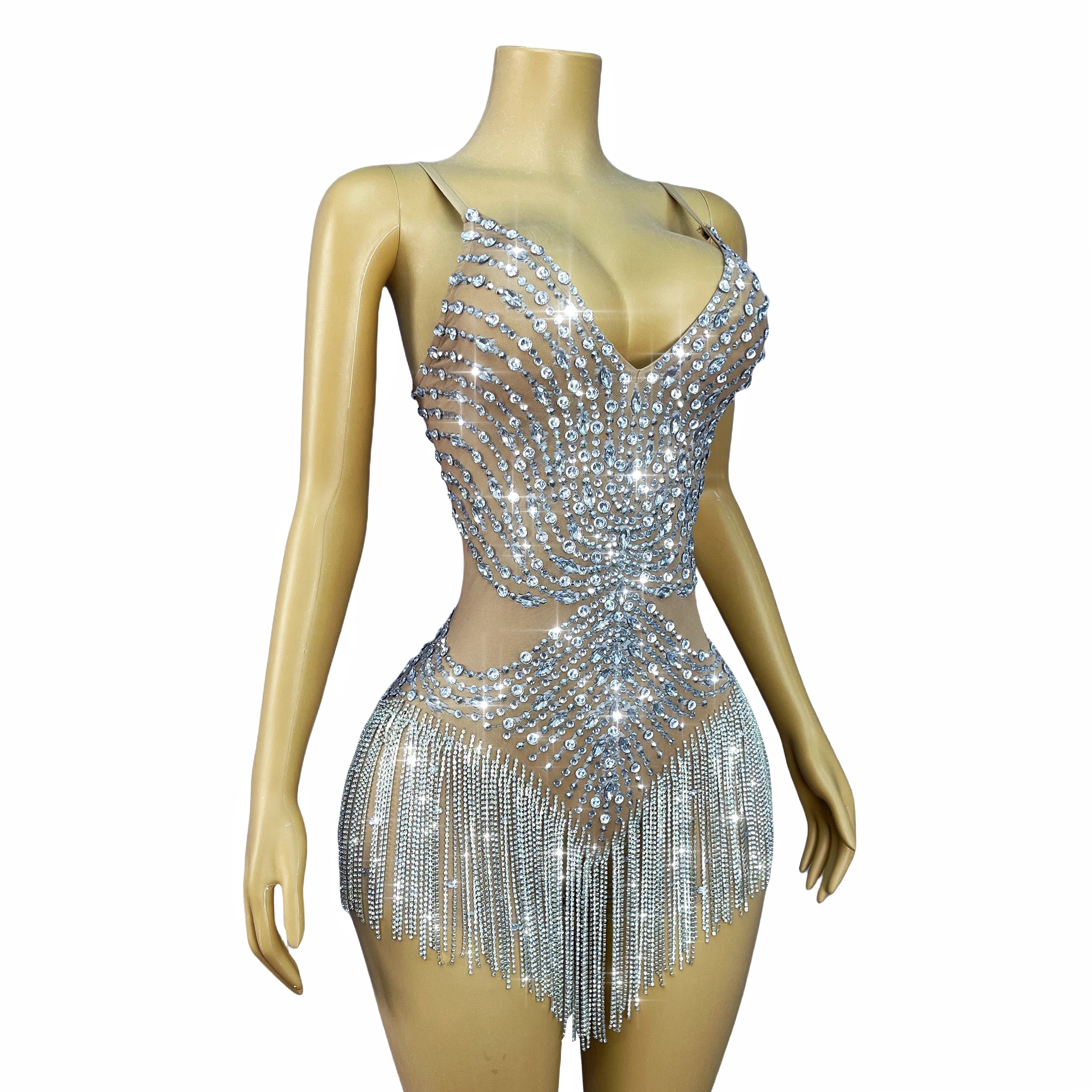 Flashing Crystal Rhinestone Chain Sheer Nude Mesh Stage Bodysuit Dance Leotard