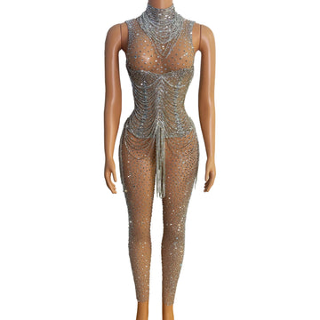 Silver Crystal Fringe Illusion Jumpsuit Long Sleeve Rhinestone Catsuit Stage Wear