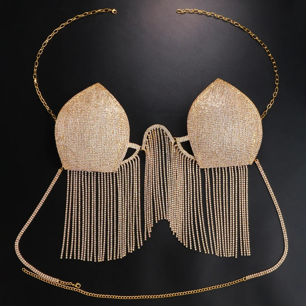 Dazzling Crystal Tassel Chest Chain & Dance Belly Bra Jewelry
