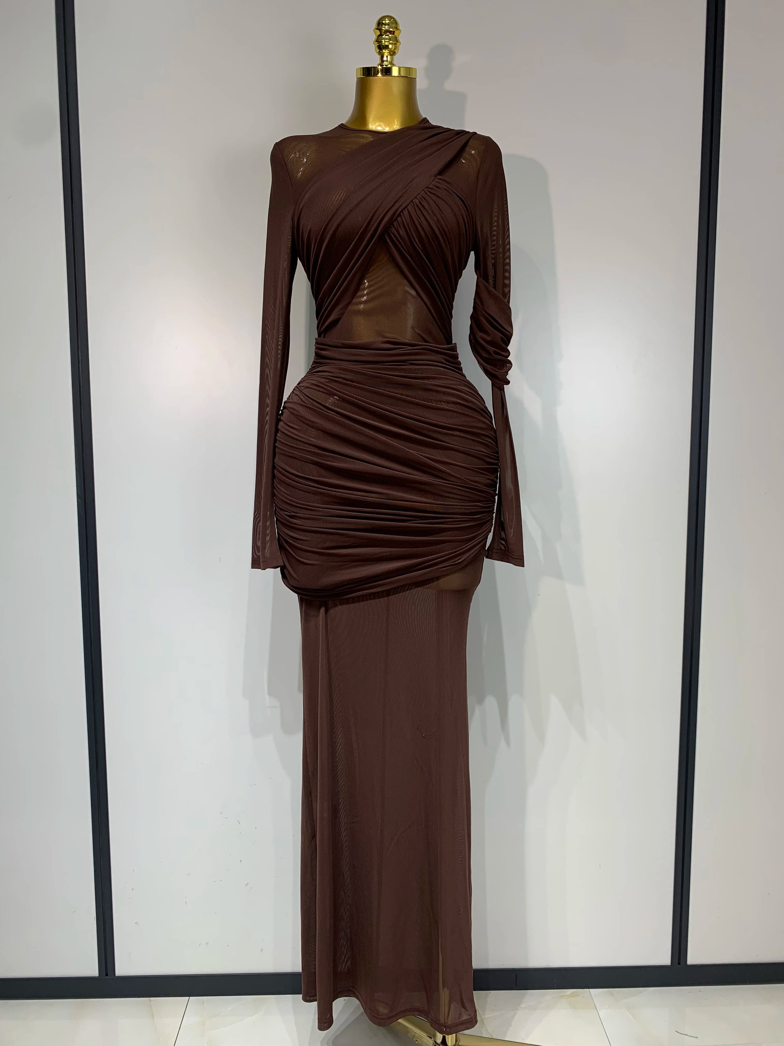 Ruched Mesh Draped Bodycon Maxi Dress Long Sleeve Illusion Evening Gown