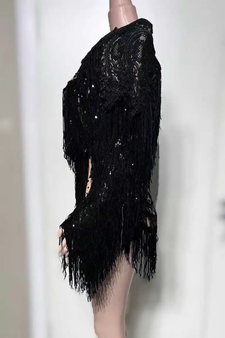 Sparkly Black Rhinestone Fringe Dress & Shawl 2-Piece Set Stage Performance Costume