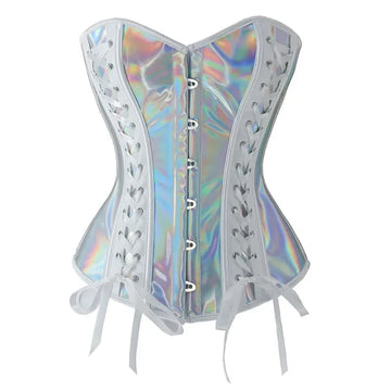 Steampunk Metallic Silver PU Leather Overbust Corset Lace-Up Bustier Top