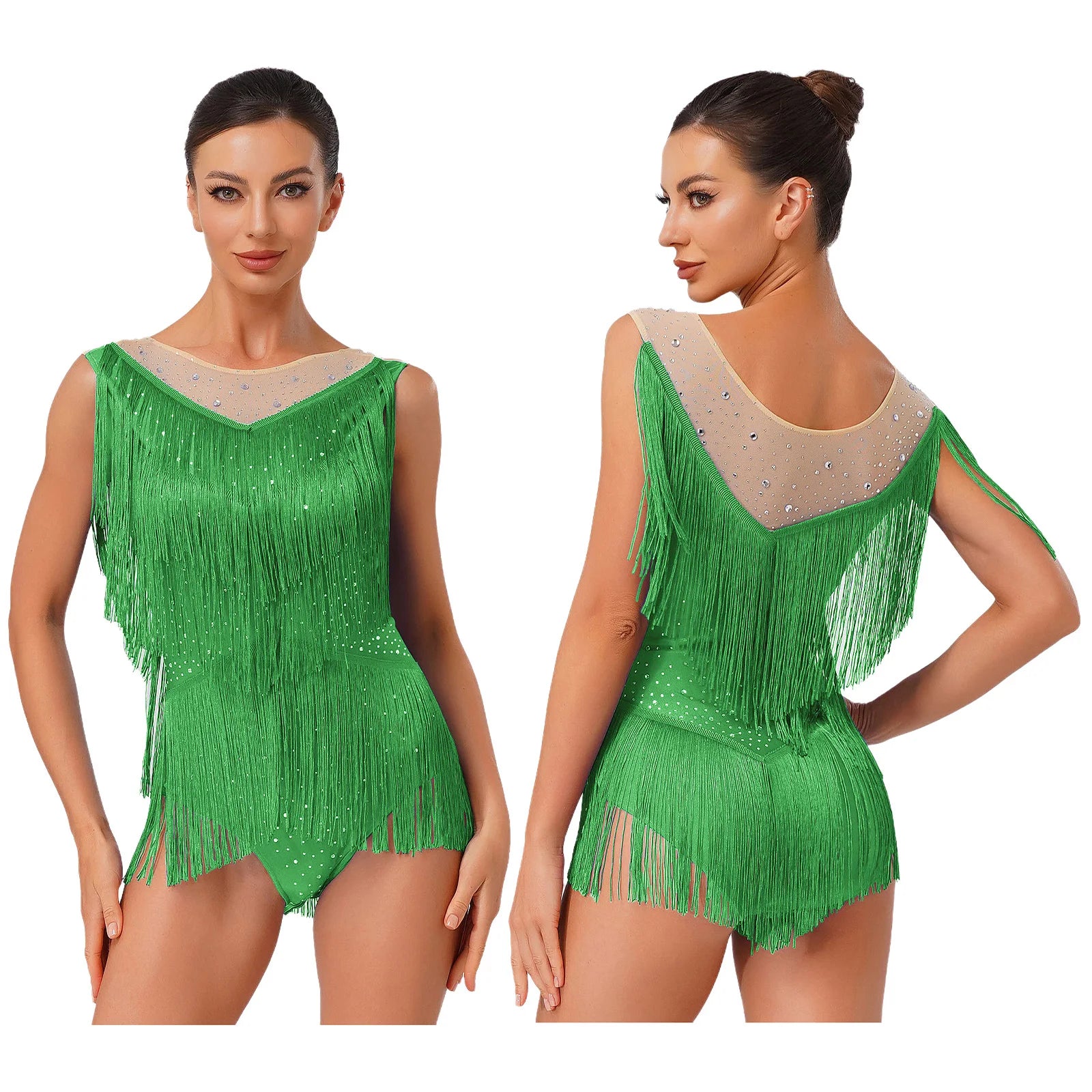 Sparkly Rhinestone & Tassel Fringe Latin Dance Leotard Crew Neck Bodysuit