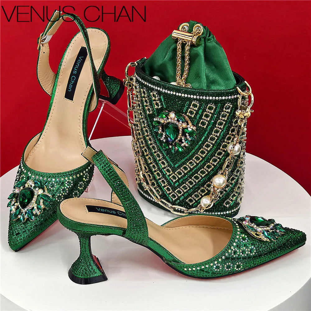 Shoes and Bag Set With Rhinestone Handbag