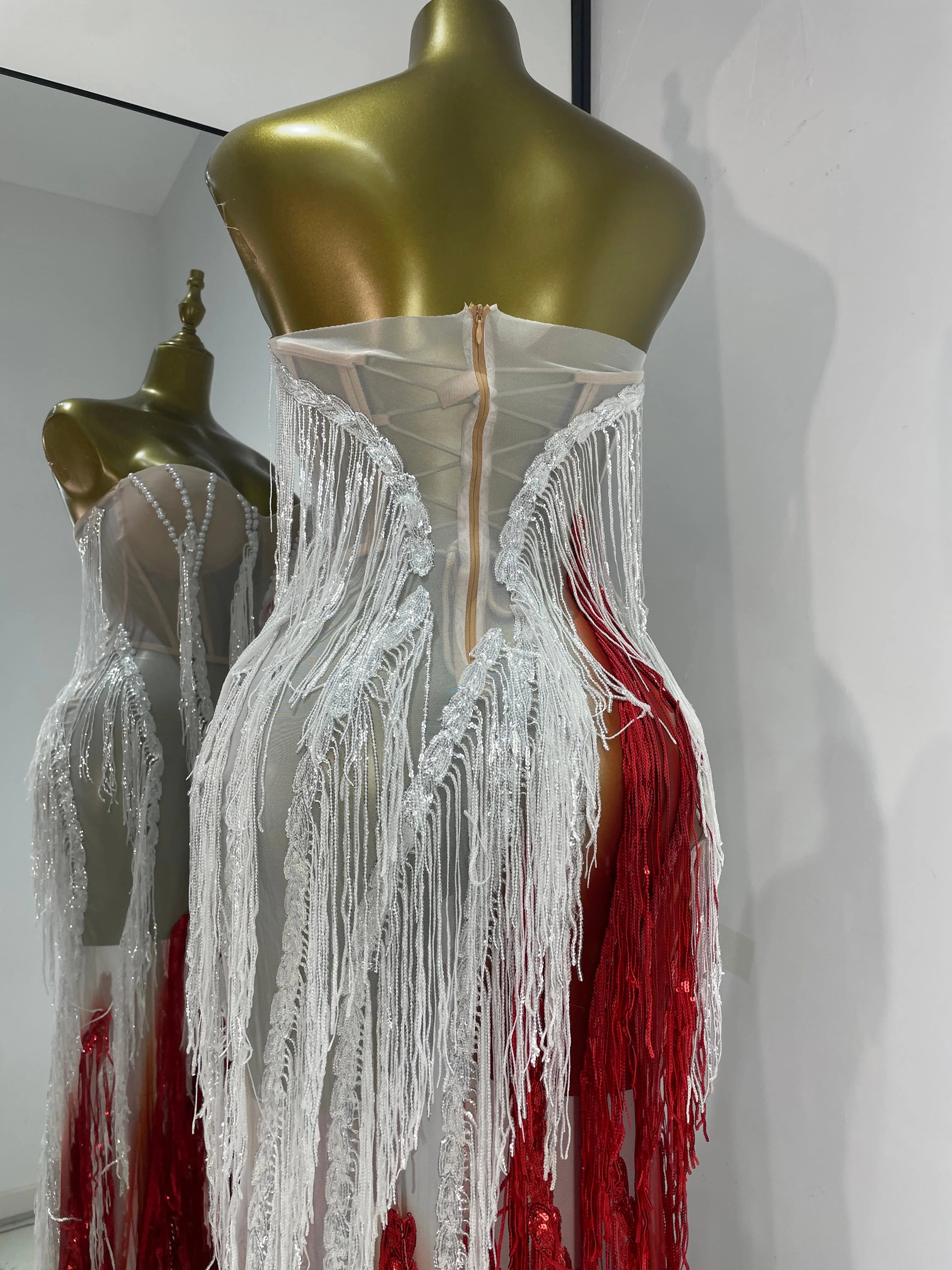 Pearl & Crystal Bustier High-Slit Maxi Gown Cascading Ombré Fringe Evening Dress