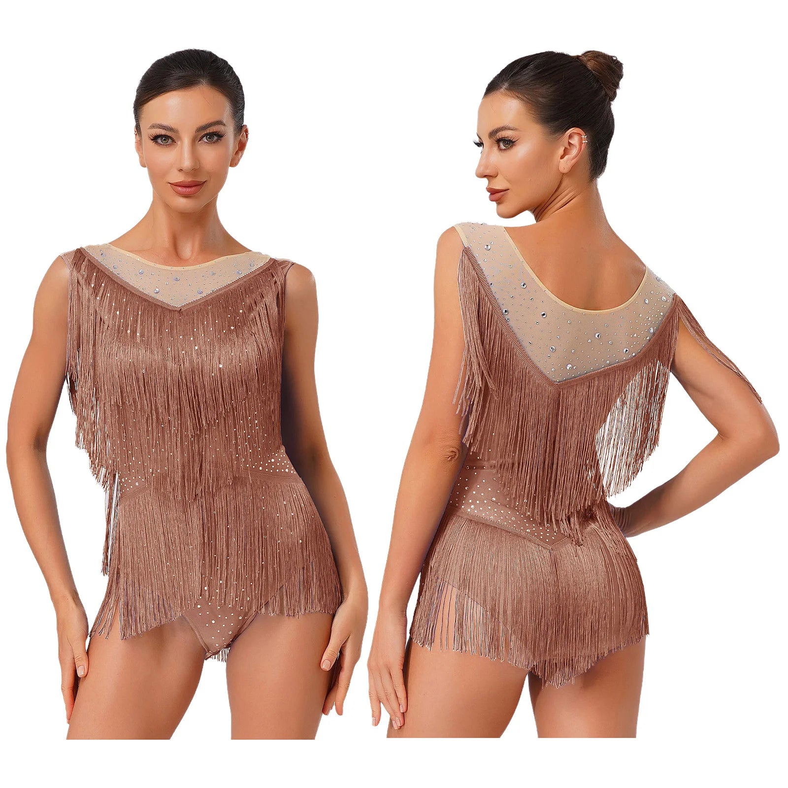 Sparkly Rhinestone & Tassel Fringe Latin Dance Leotard Crew Neck Bodysuit