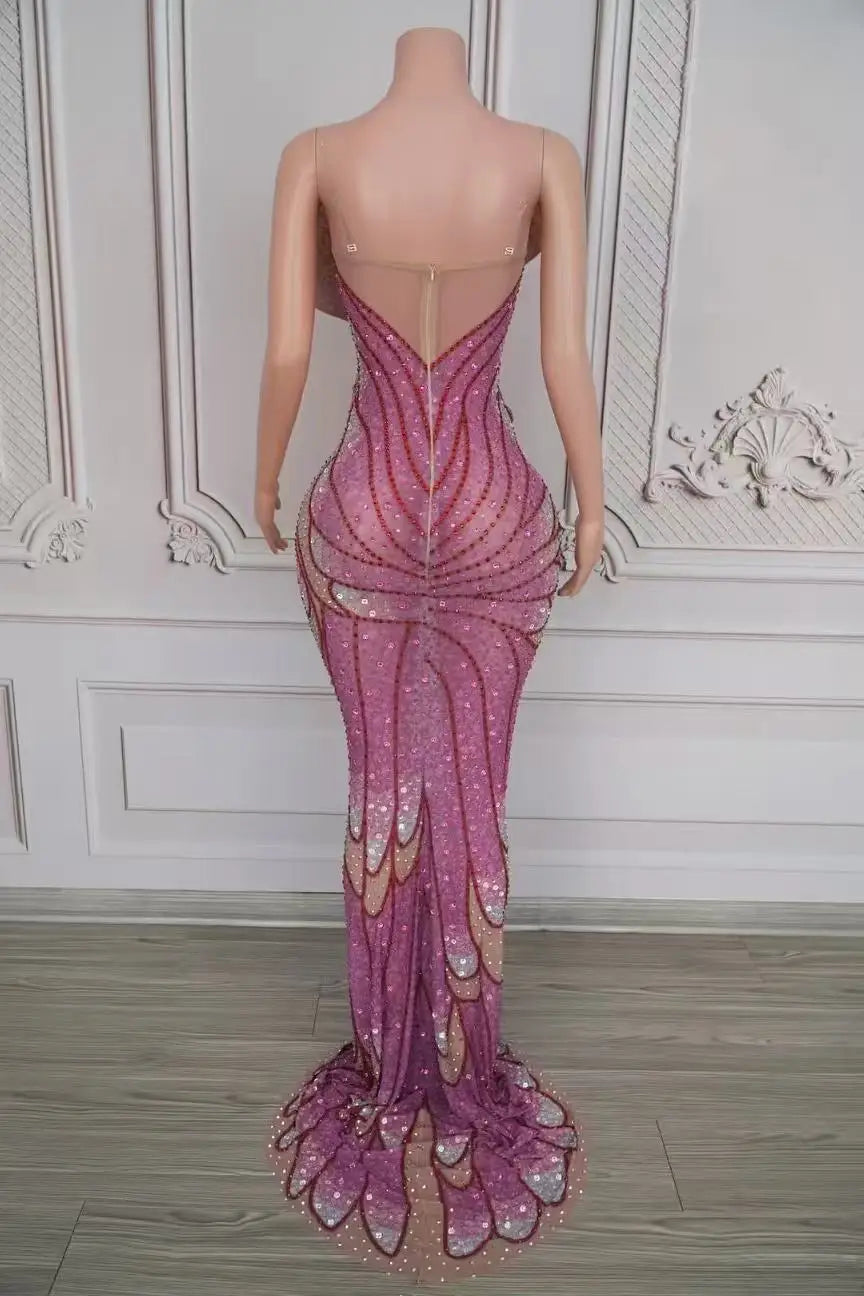 Women's Rhinestone Mesh Transparent Long Dress | Luxury Gown for Prom, Red Carpet & Birthday