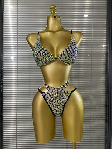 Women Sparkly Crystal Halter 2 Pieces Bikini Set Summer Vacation Beach Style Celebrate Swimsuit Swimwear