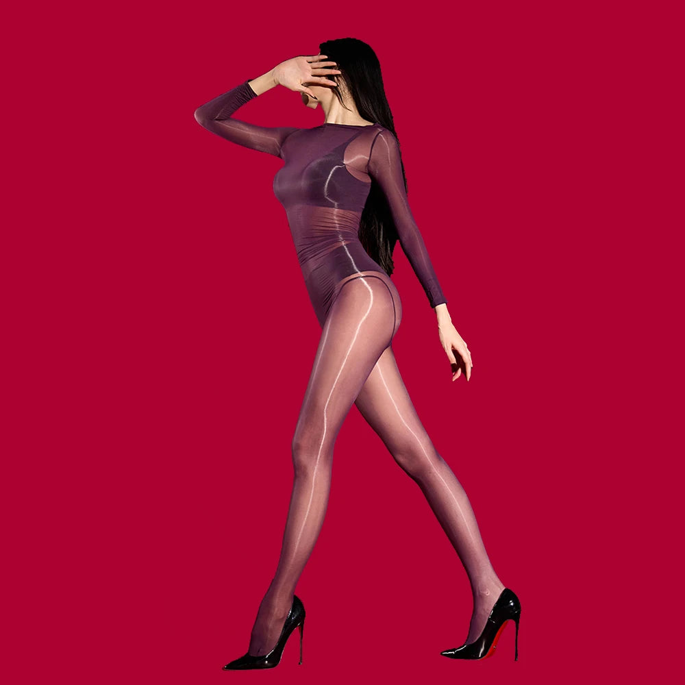 Women 3D 1000 Pin High Density Bodysuit Oil Glossy Shiny Elastic Tights Open Crotch Yoga Shaping Jumpsuit Maid Leotard Leggings
