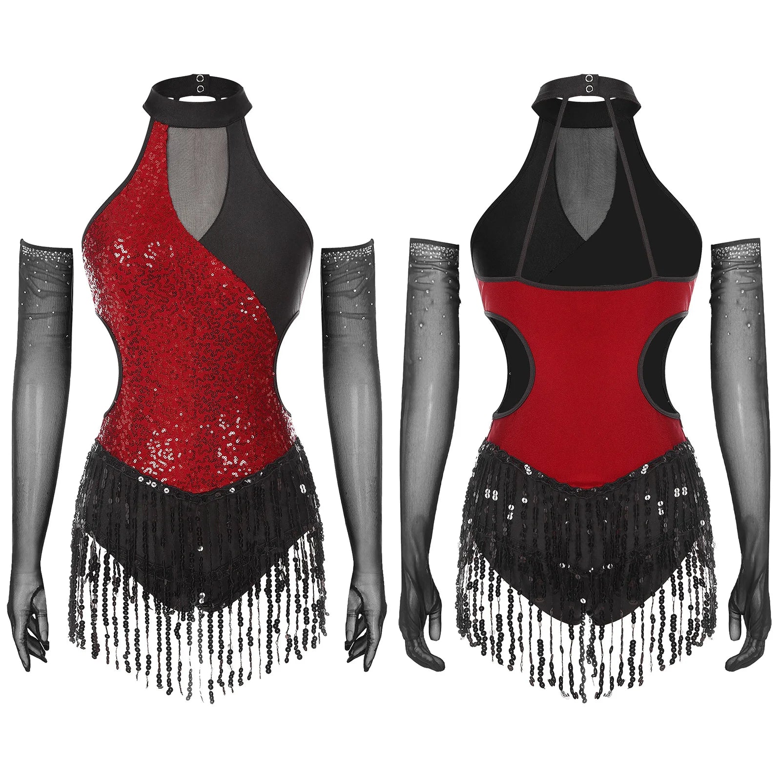 Sequined Fringe Latin Dance & Figure Skating Jumpsuit Leotard Set with Mesh Gloves