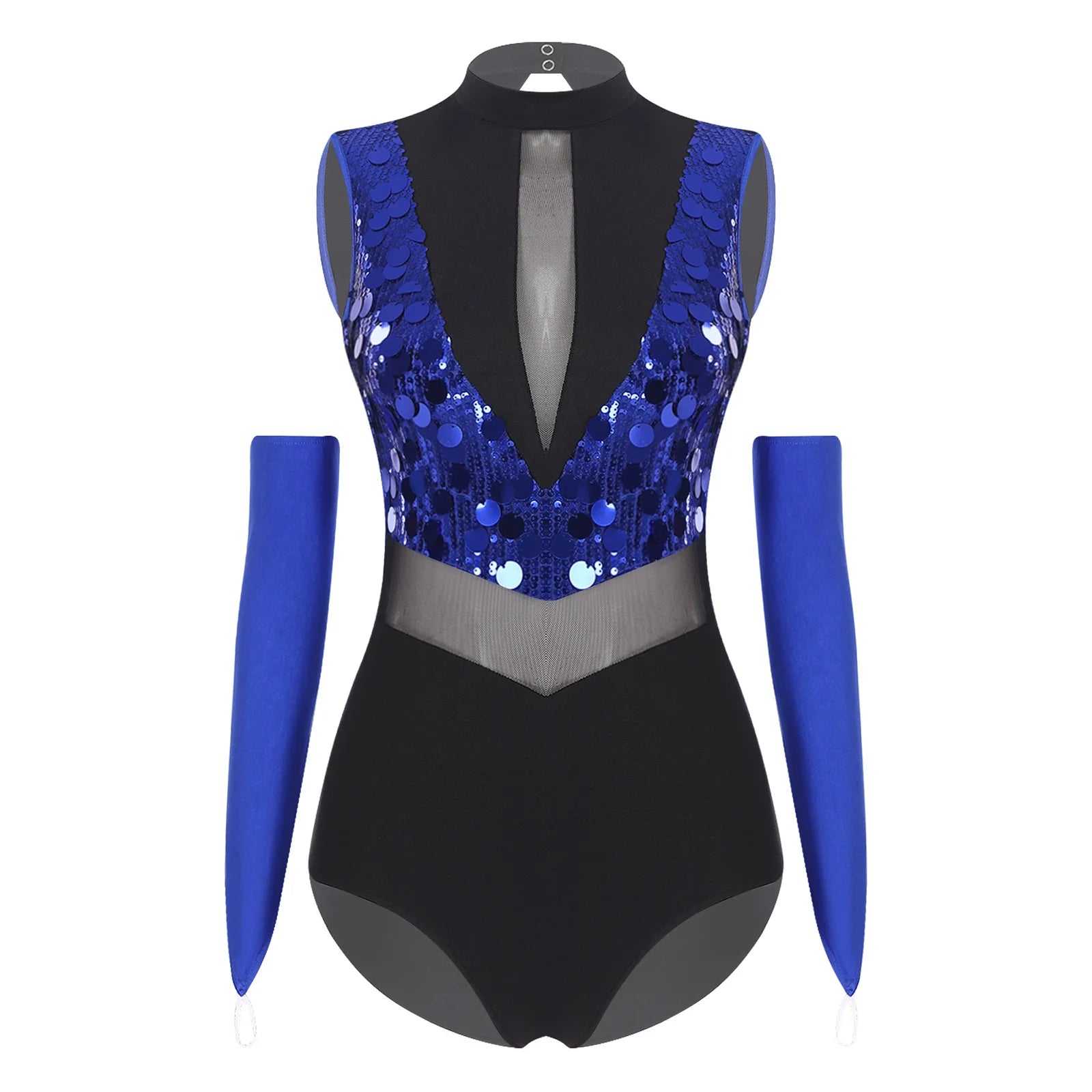 Sparkly Sequin Mock Neck Dance Leotard & Gloves Two-Piece Bodysuit Set