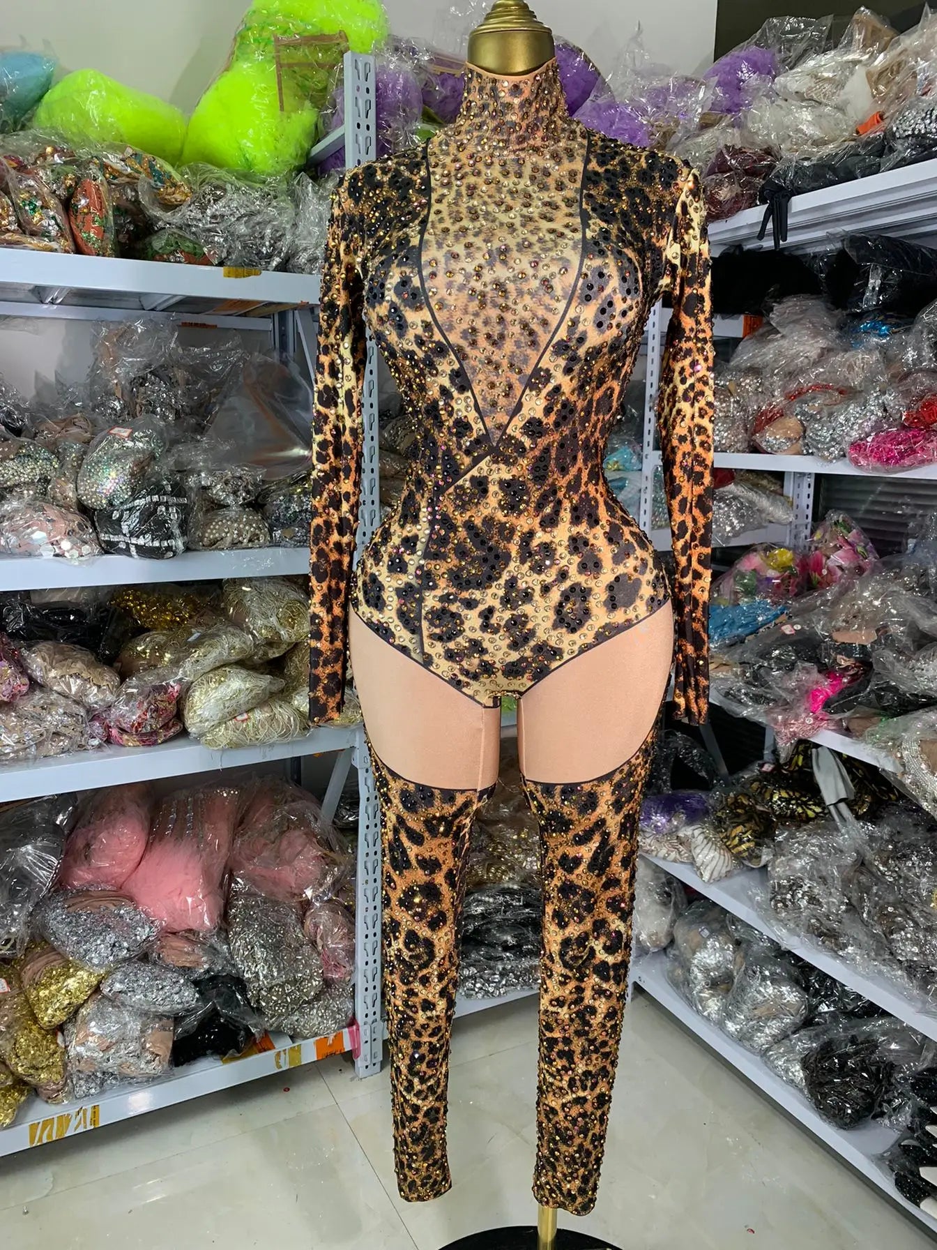 Leopard Print Rhinestone Catsuit Long Sleeve Stage Performance Jumpsuit
