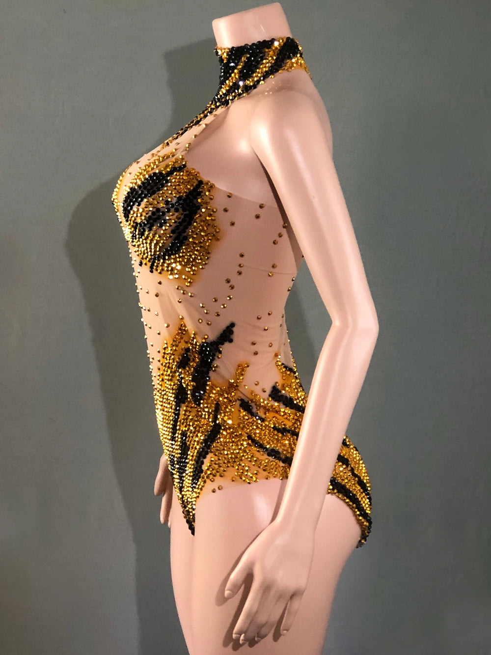 Sparkly Rhinestone Transparent Mesh Bodysuit Stage Performance Costume
