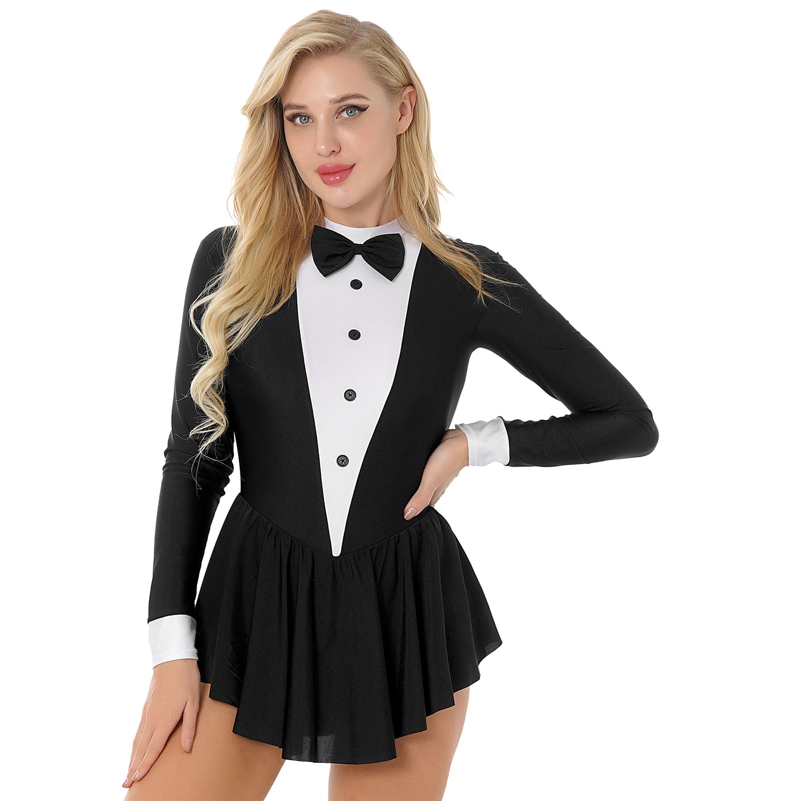 Tuxedo Bowknot Long Sleeve Ruffle Leotard Dress Magician Costume