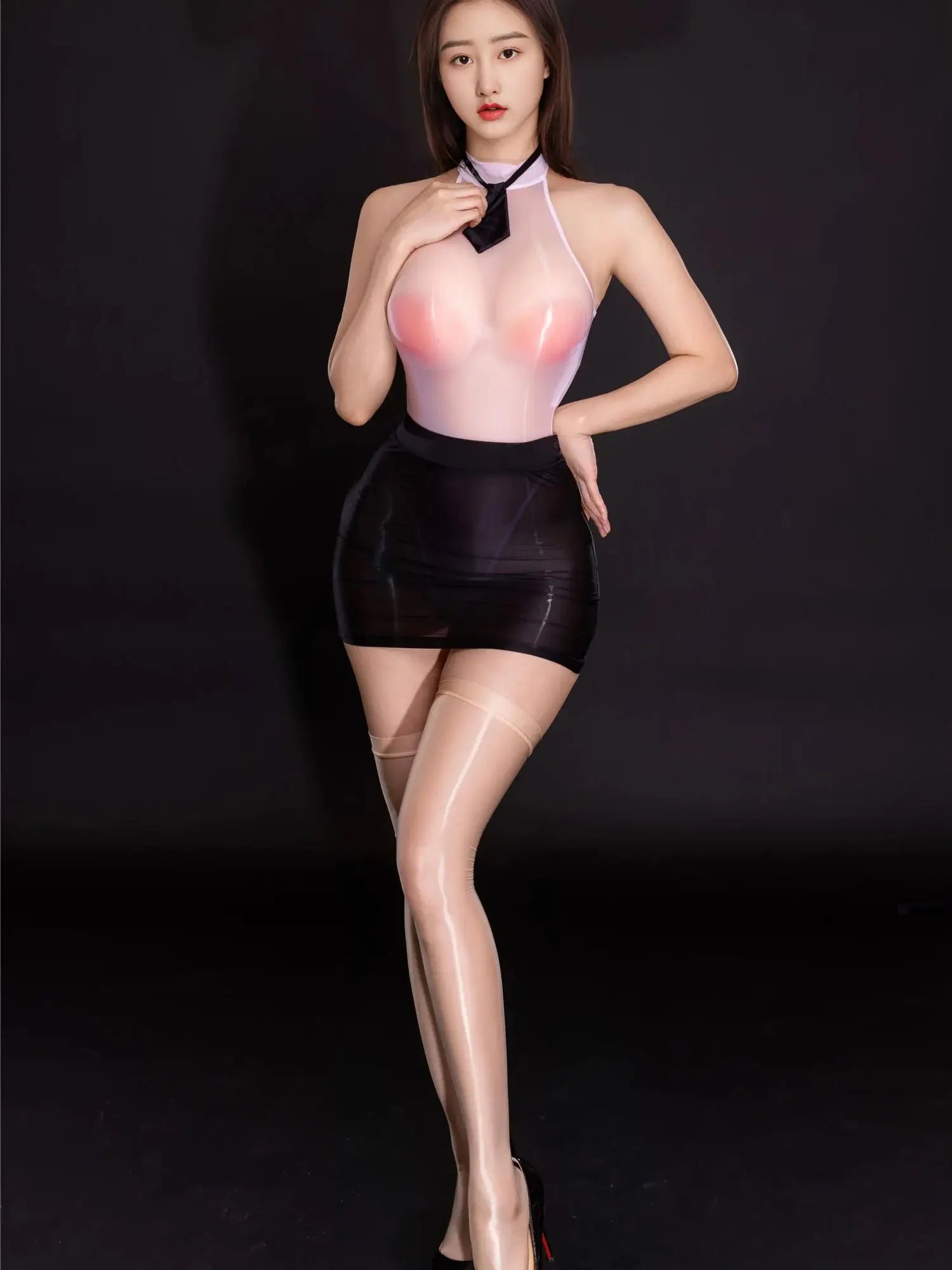 Sexy Women Oil Shiny High Cut Bodysuit Sheer See Through Sexy Tights One Piece Thongs Shapping Leotard With Skirt Set