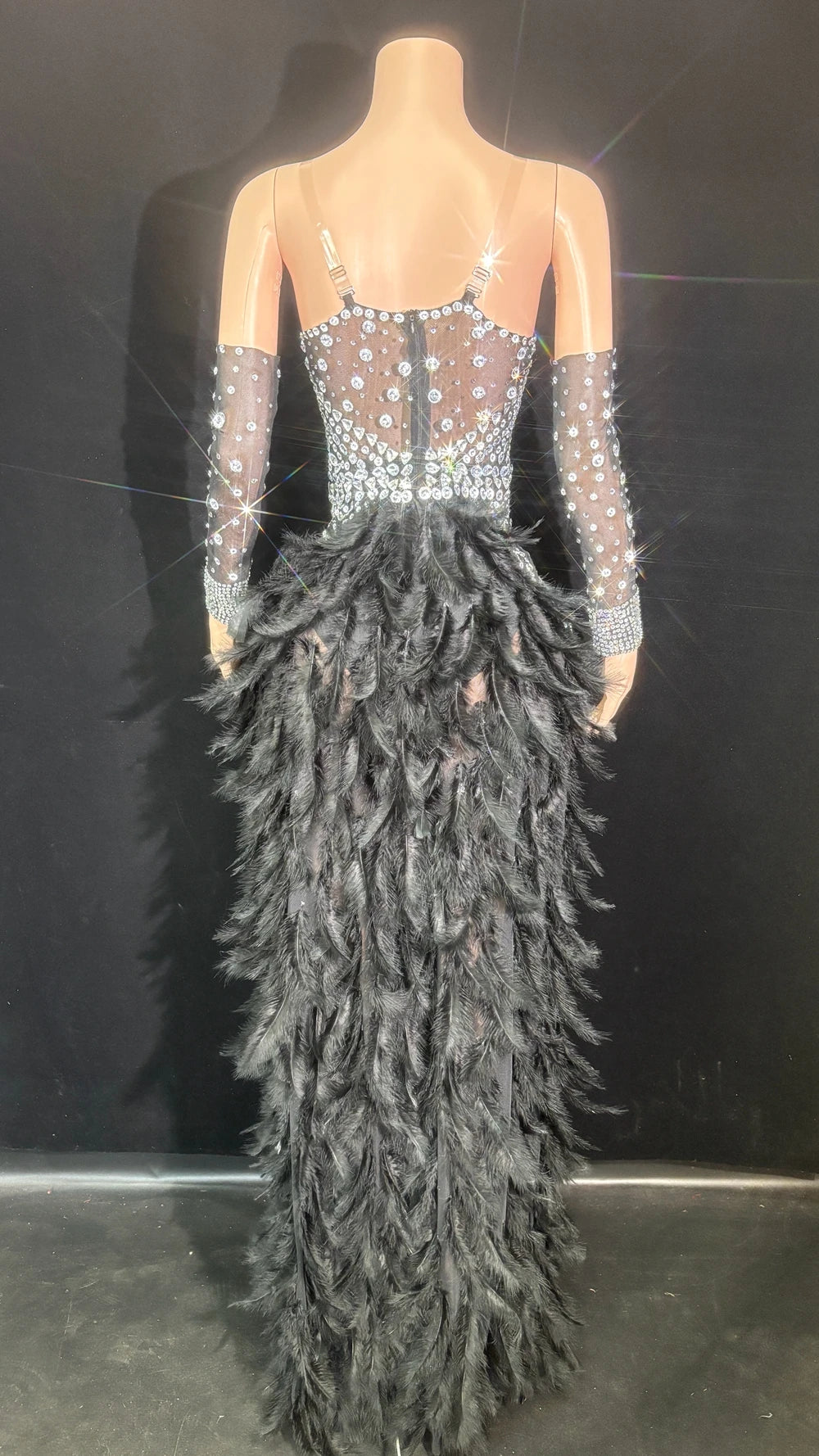 Sparkly Rhinestone & Feather Long Tail Bodysuit Set Stage Costume