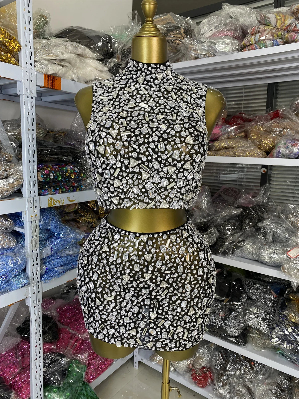 Vintage-Inspired Sparkly Rhinestones Two-Piece Backless Top And Mini Skirt Set